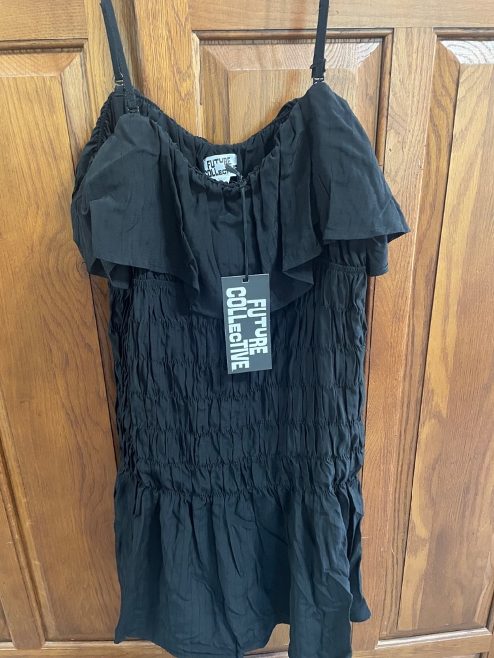 Future Collective Black Ruffle Smocked Mini Dress, NWT Sz.L straps adjustable